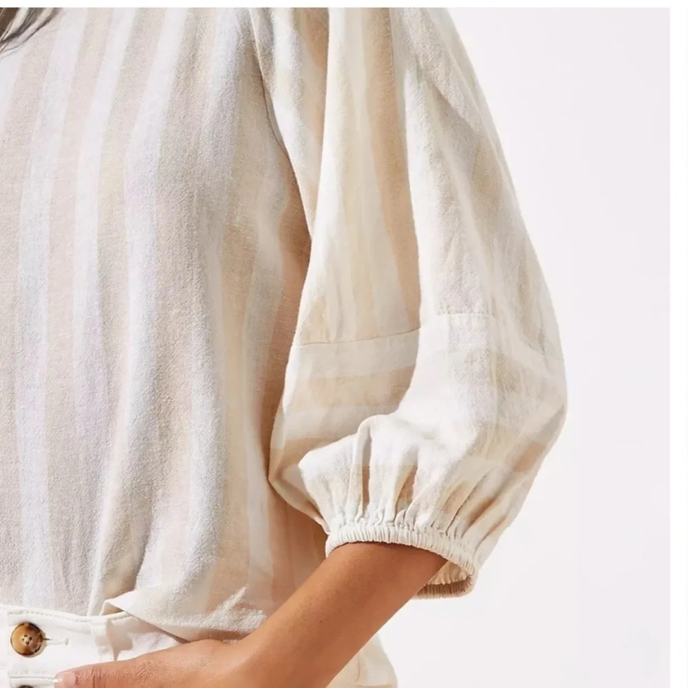 Loft puff balloon sleeve top shirt linen cream tan stripe XS